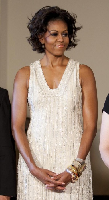Michelle Obama in Naeem Khan a cena con Angela Merkel